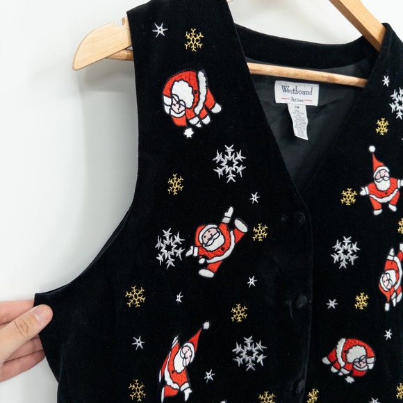 Vintage Christmas Santa Embroidered Vest Black Velvet Womens M Tacky Ugly Granny - Picture 4 of 6
